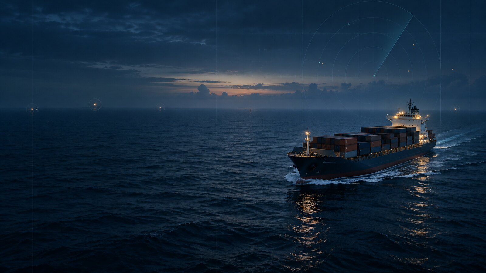 A container ship under way at blue hour with a restrained AIS radar overlay